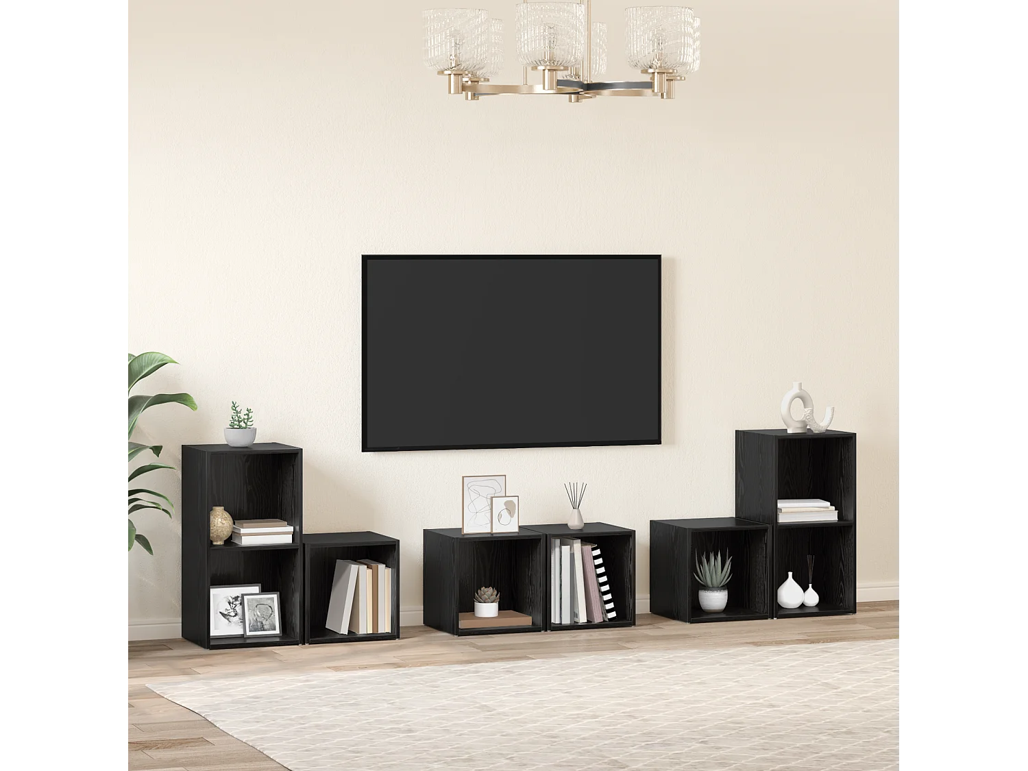 TV-kast | Tv-meubel | Tv-Bank set met plank met opslag 6 pcs Zwart Eiken Bewerkt hout