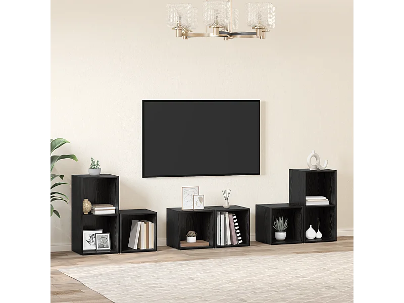 TV-kast | Tv-meubel | Tv-Bank set met plank met opslag 6 pcs Zwart Eiken Bewerkt hout