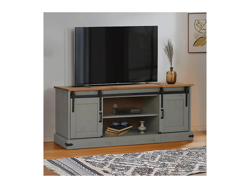 Tv-meubel | Tv-Bank | TV-kastHALDEN 2 schuifdeuren 150x40x60 cm massief hout grijs