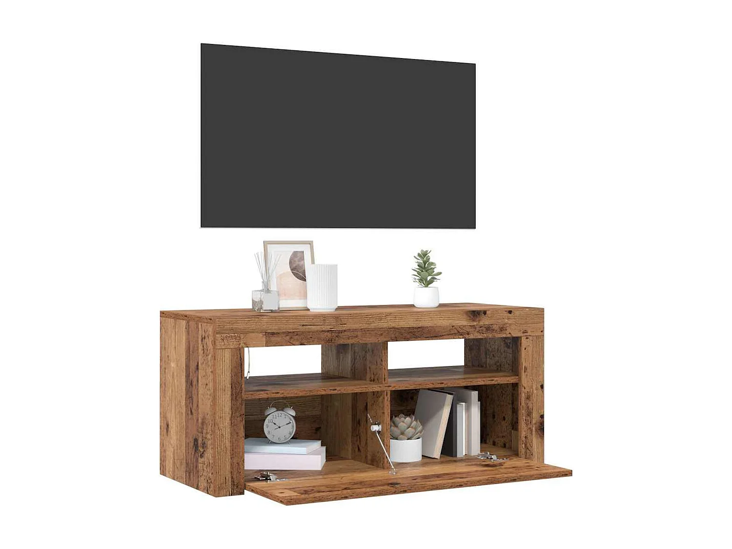 Mueble TV | Gabinete de TV | Mueble de salón luces LED madera ingeniería envejecida 90x35x40 cm