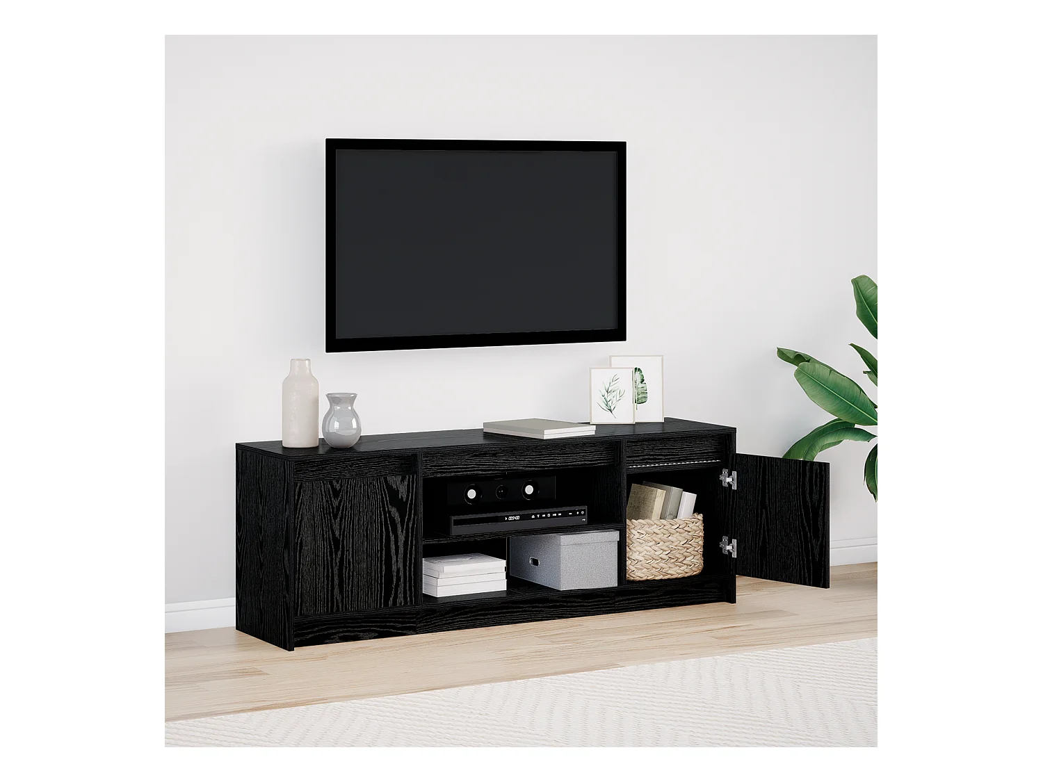 Meuble TV | Banc TV | Armoire TV avec LED, chêne noir, 139,5x34x50 cm, en bois reconstitué.