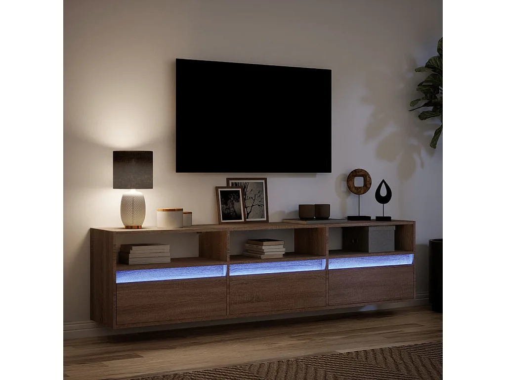 Meuble TV | Banc TV | Armoire TV mural avec LED chêne marron 180x31x45 cm