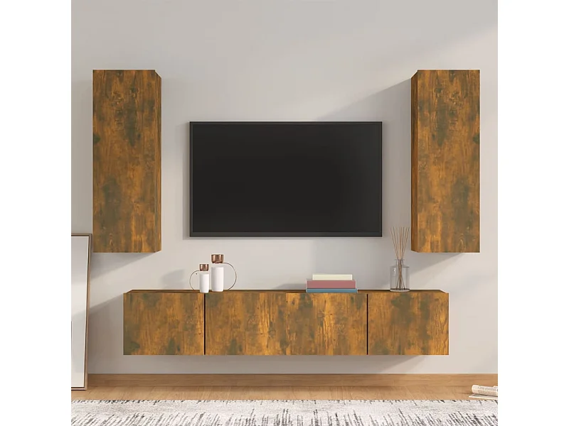 Set de muebles de TV | Gabinetes de TV |  Muebles de salón 4 pzas madera contrachapada roble ahumado