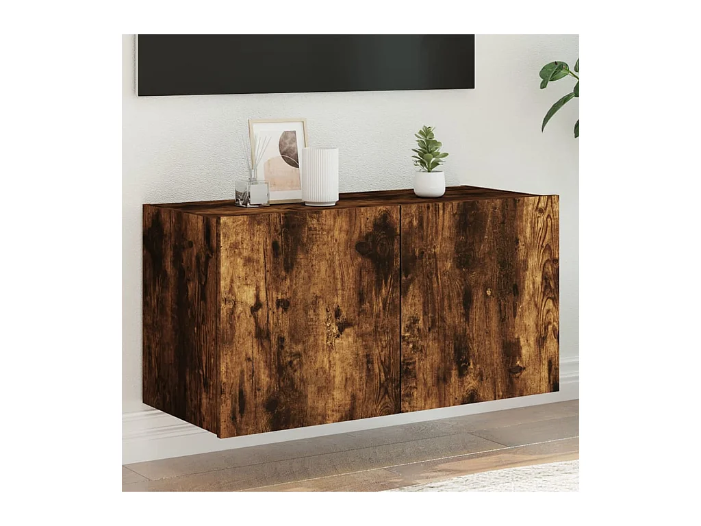 Mueble de TV | Mueble de salón de pared con luces LED roble ahumado 80x35x41 cm