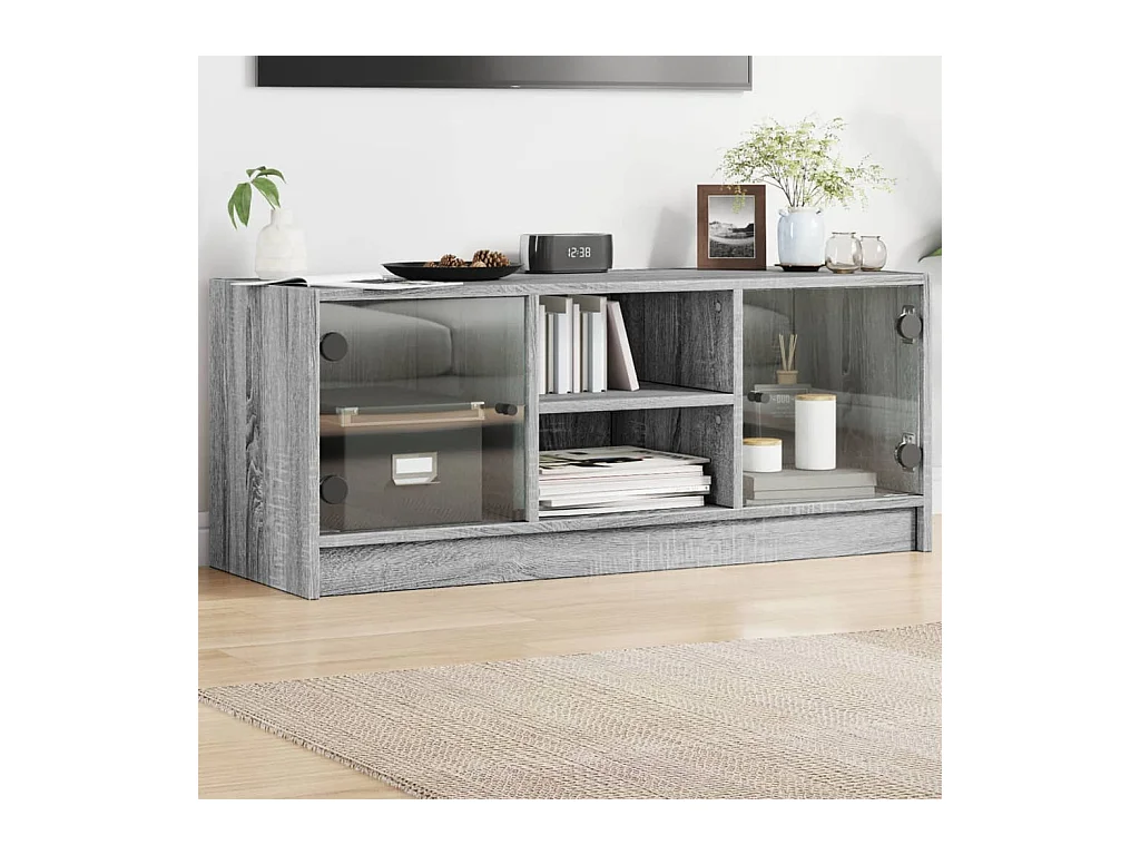 Mueble de TV | Mueble de salón con puertas de vidrio gris Sonoma 102x37x42 cm