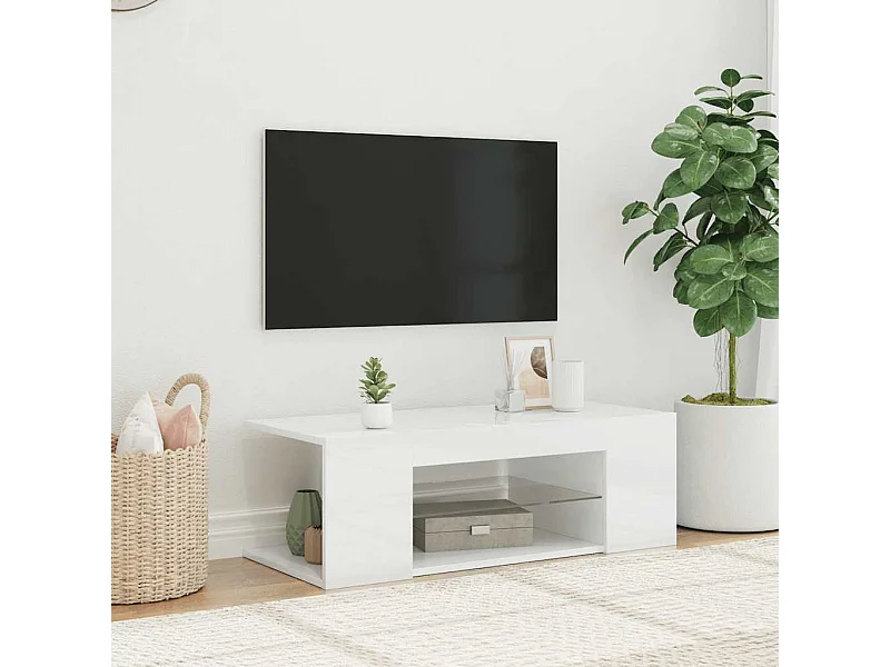 Meuble TV | Banc TV | Armoire TV avec lumières LED blanc brillant 90x39x30 cm