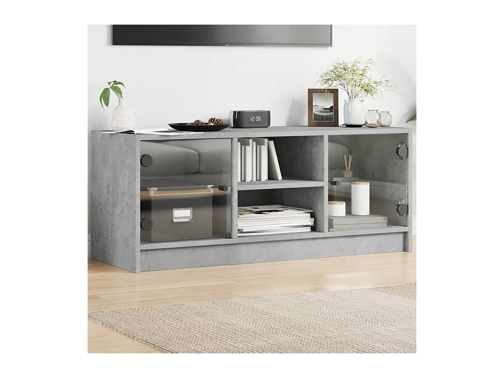 Mueble de TV | Mueble de salón con puertas de vidrio gris hormigón 102x37x42 cm