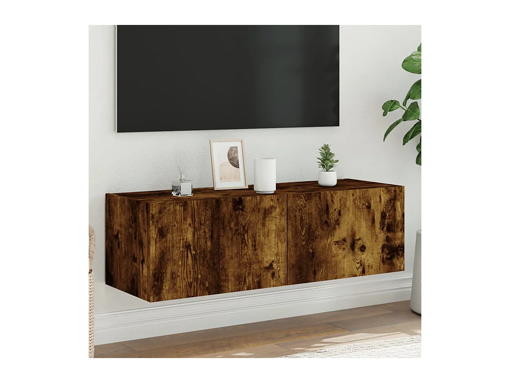Mueble de TV | Mueble de salón de pared con luces LED roble ahumado 100x35x31 cm