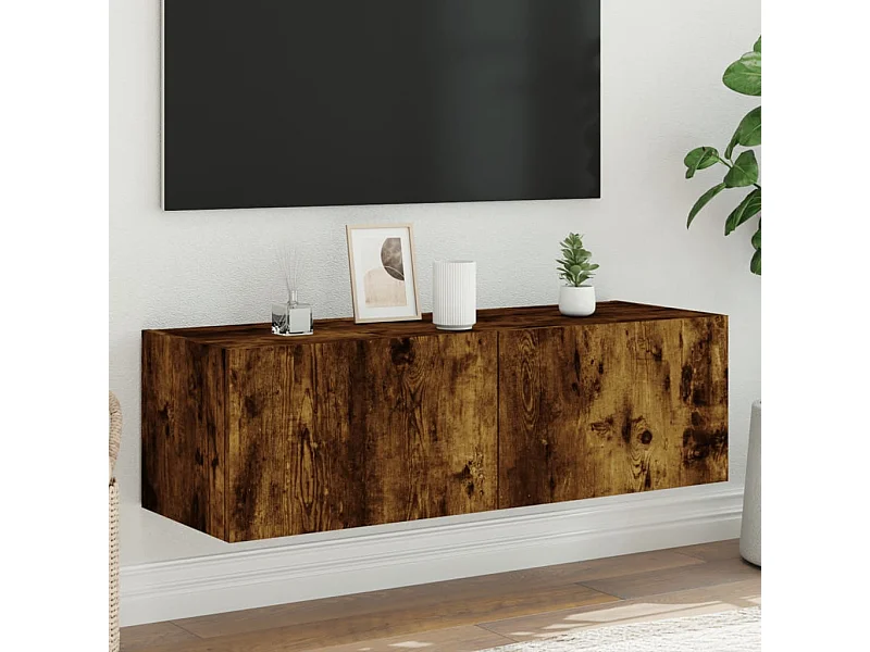 Meuble TV | Banc TV | Armoire TV mural avec lumières LED chêne fumé 100x35x31 cm
