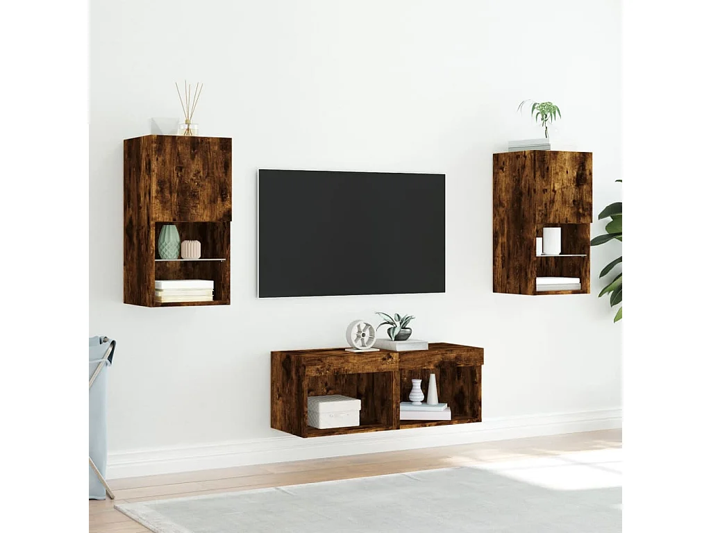 Meuble TV | Banc TV | Armoire TV muraux 4 pcs avec lumières LED chêne fumé