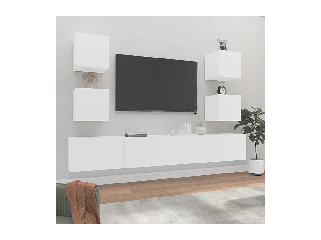 Set de muebles para TV  | Gabinetes de TV |  Muebles de salón 6 piezas madera contrachapada blanco