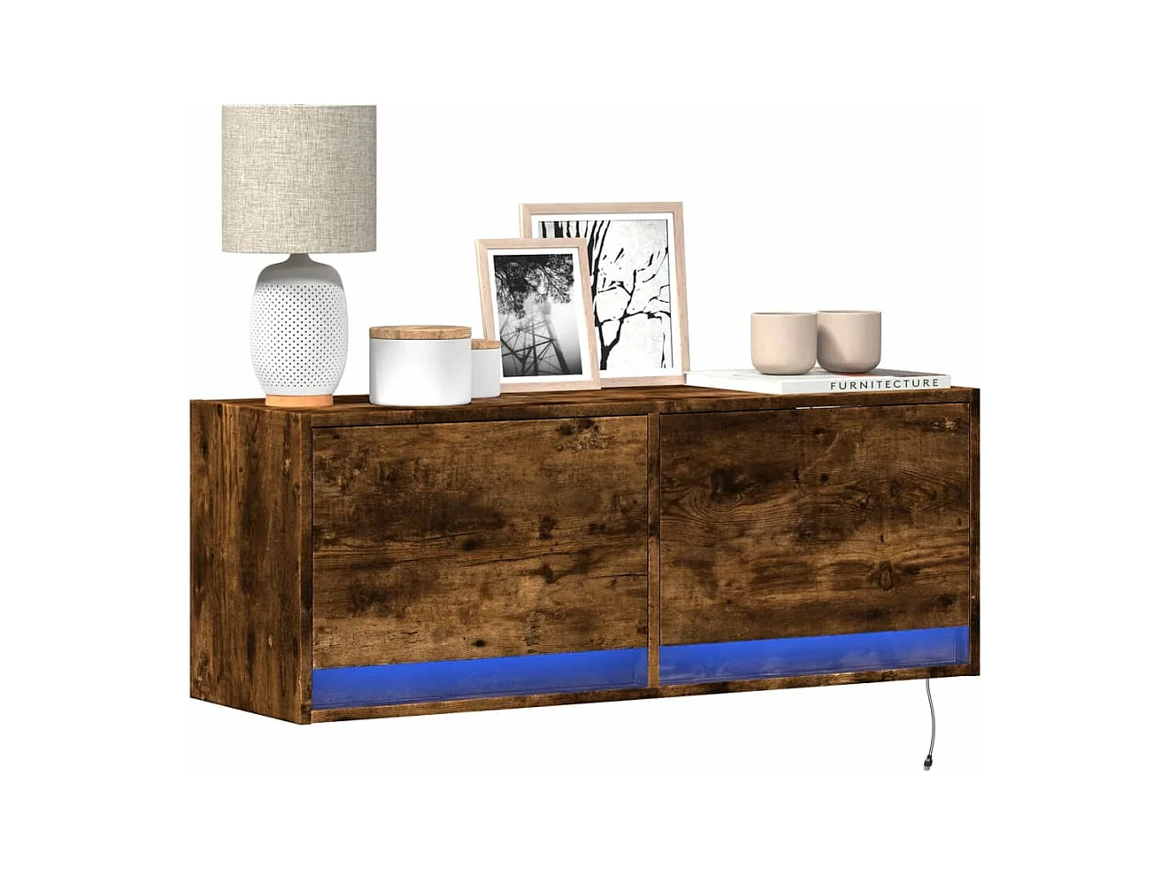 Mueble de TV | Mueble de salón de pared con luces LED roble ahumado 100x31x35 cm