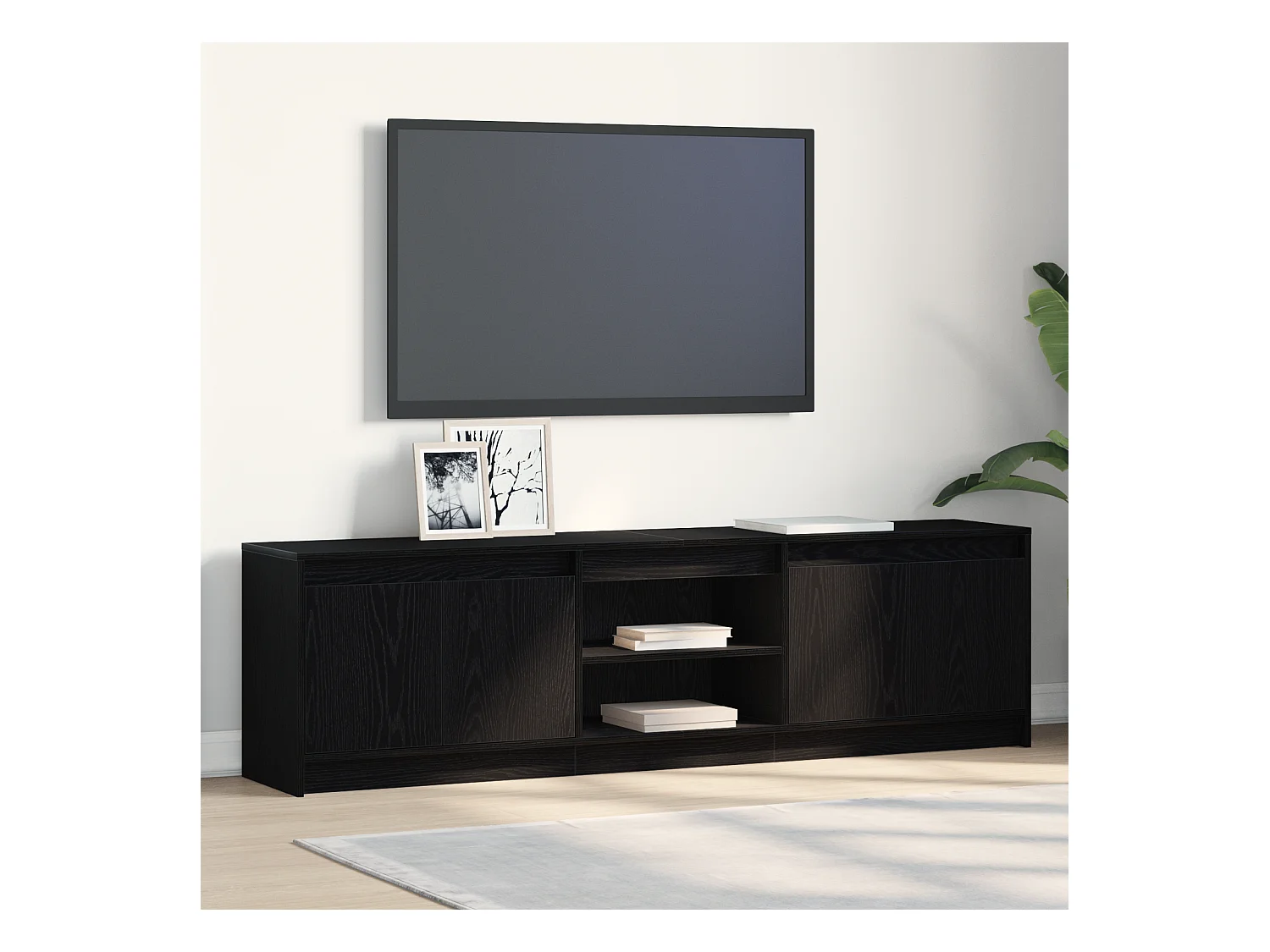 Meuble TV | Banc TV | Armoire TV avec des lumières à LED avec stockage avec porte Noir 182 x 34 x 50 cm