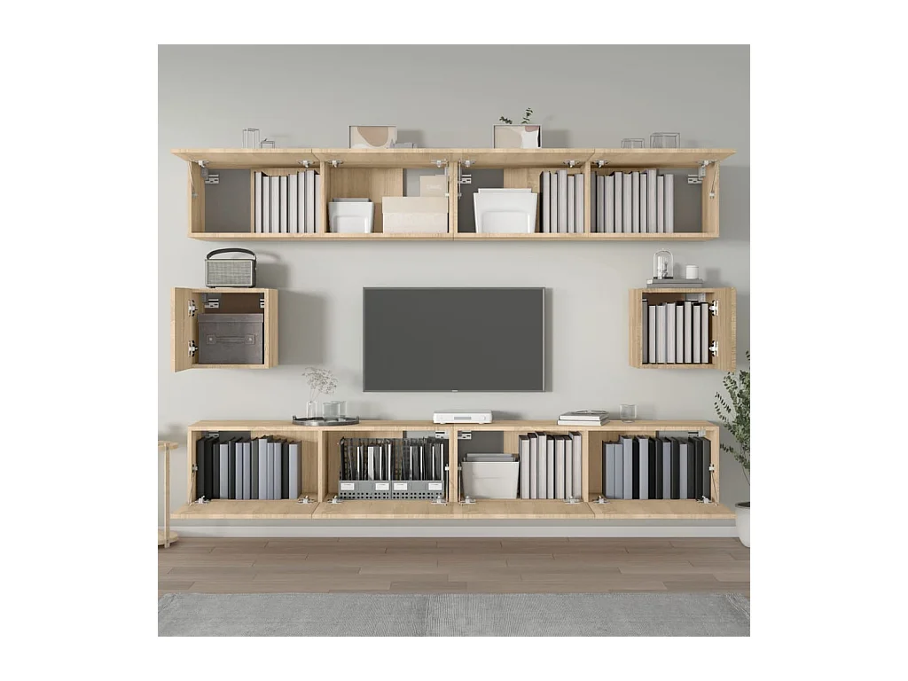Set de muebles para TV  | Gabinetes de TV |  Muebles de salón 6 pzas madera contrachapada roble sonoma