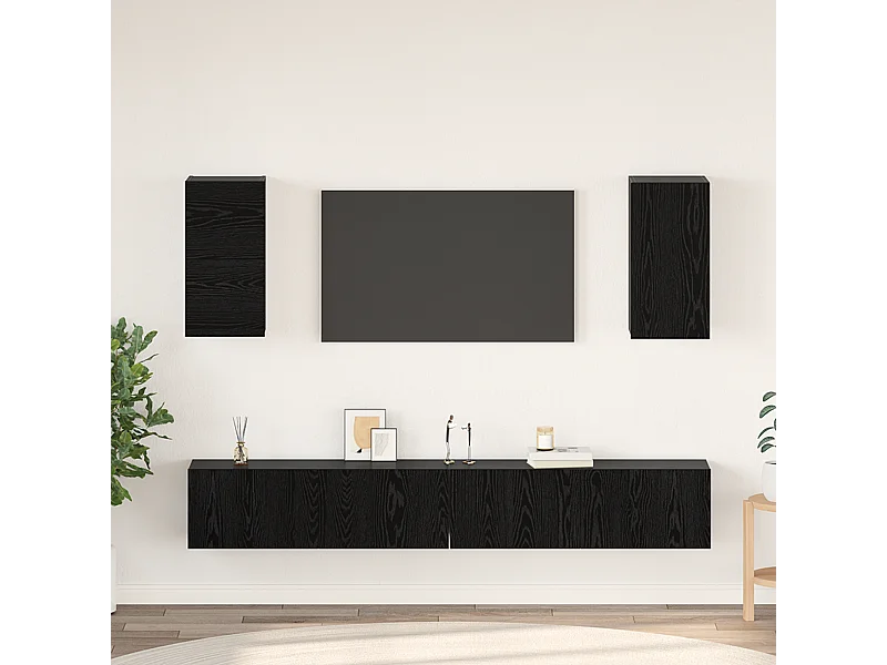 Wand TV kast | Tv-meubel | Tv-Bank met plank met opslag met de deur 6 pcs Zwart eiken Bewerkt hout
