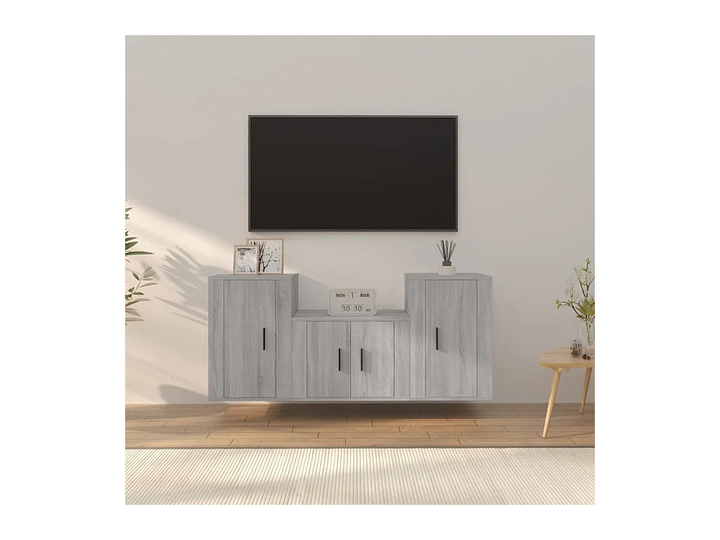 Set de muebles para TV  | Gabinetes de TV |  Muebles de salón 3 pzas madera contrachapada gris Sonoma