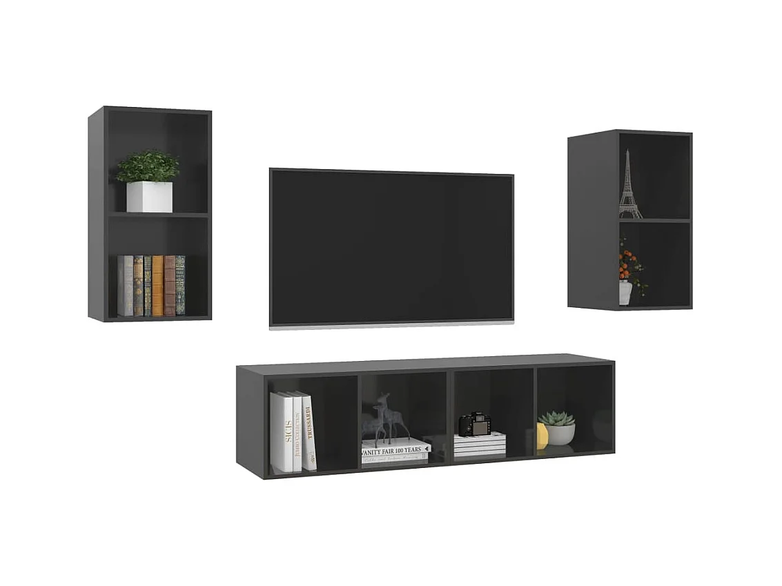 Muebles de salón | Gabinetes de TV |  Muebles de TV de pared 4 pzas madera ingeniería gris brillo