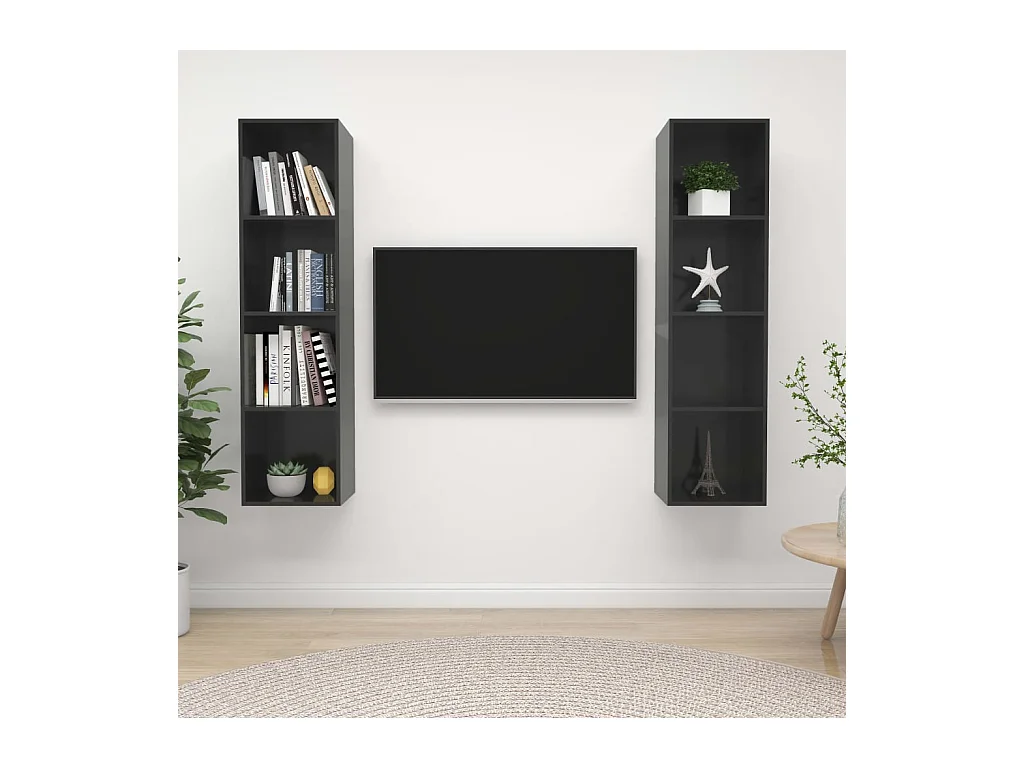 Muebles de salón | Gabinetes de TV |  Muebles de TV de pared 2 pzas madera ingeniería gris brillo