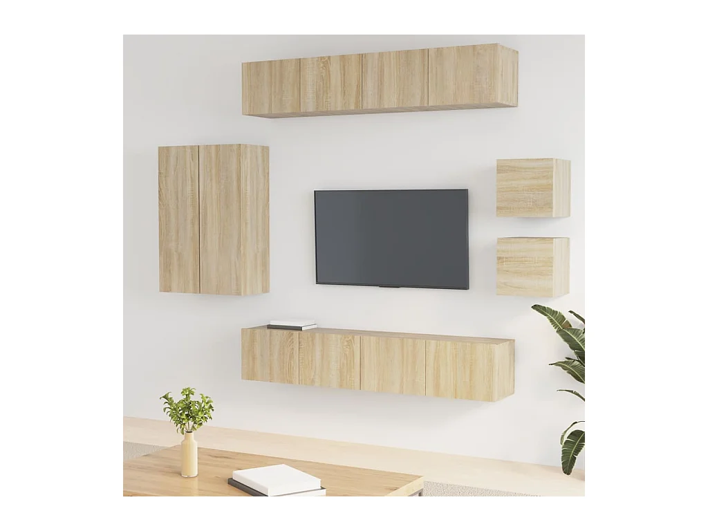 Set de muebles para TV  | Gabinetes de TV |  Muebles de salón 8 pzas madera contrachapada roble Sonoma