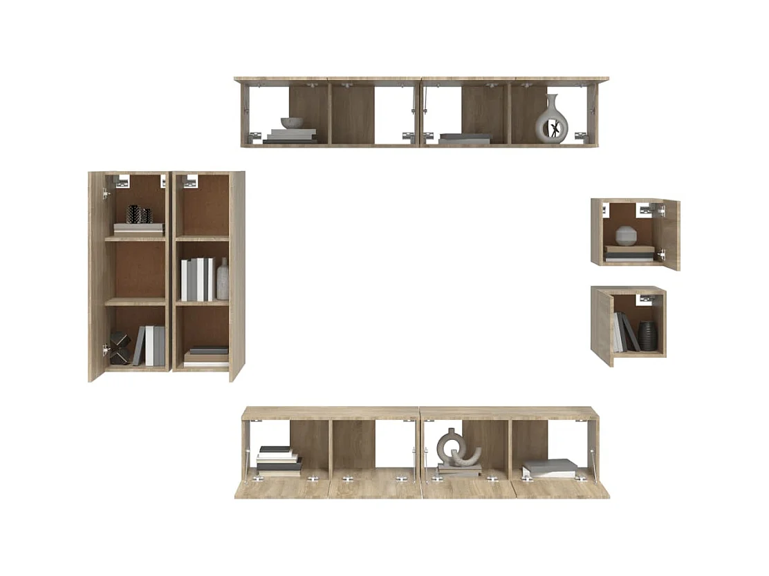 Set de muebles para TV  | Gabinetes de TV |  Muebles de salón 8 pzas madera contrachapada roble Sonoma