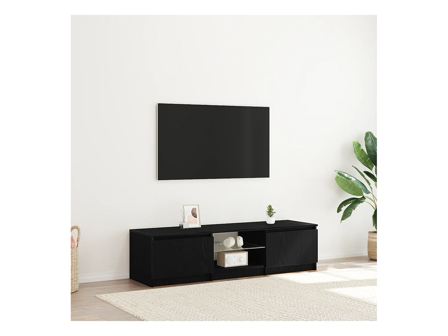 Tv-meubel | Tv-Bank | TV-kastmet LED-verlichting - Zwart eiken - 140x40x35,5 cm - Bewerkt hout