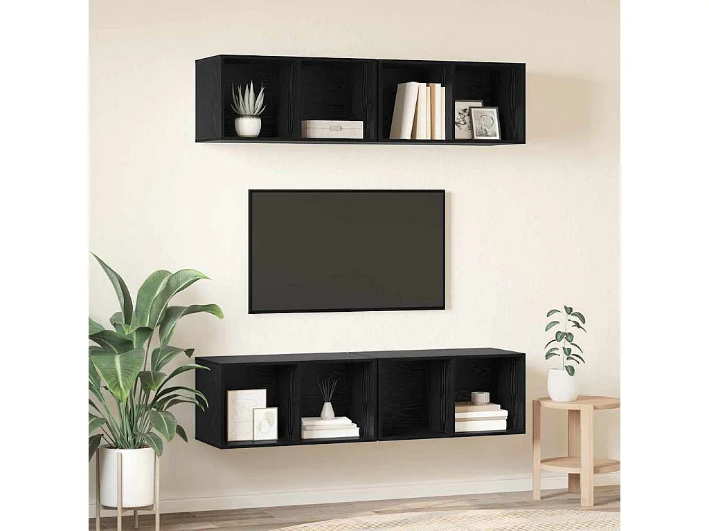 Wand TV kast | Tv-meubel | Tv-Bank 4 pcs Zwart eiken 37 x 37 x 72 cm Bewerkt hout