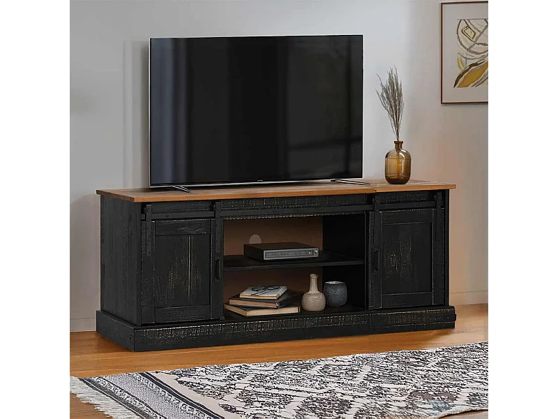 Tv-meubel | Tv-Bank | TV-kastHALDEN 2 schuifdeuren 150x40x60 cm massief hout zwart