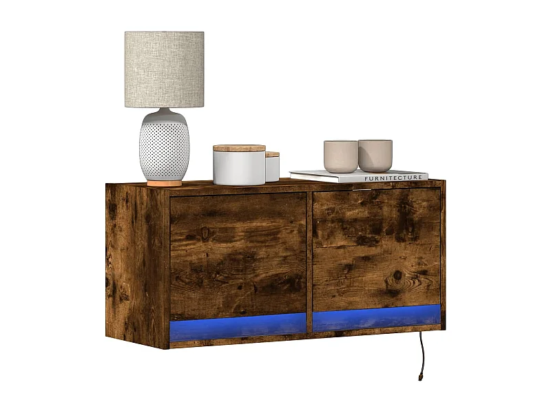 Meuble TV | Banc TV | Armoire TV mural avec lumières LED chêne fumé 80x31x35 cm