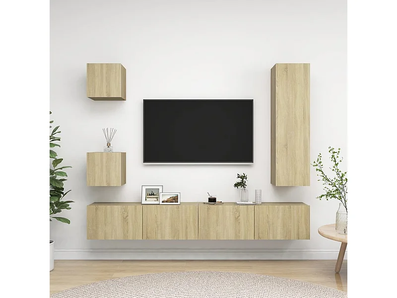 Juego de muebles de salón | Gabinetes de TV |  Muebles de TV 5 piezas roble Sonoma