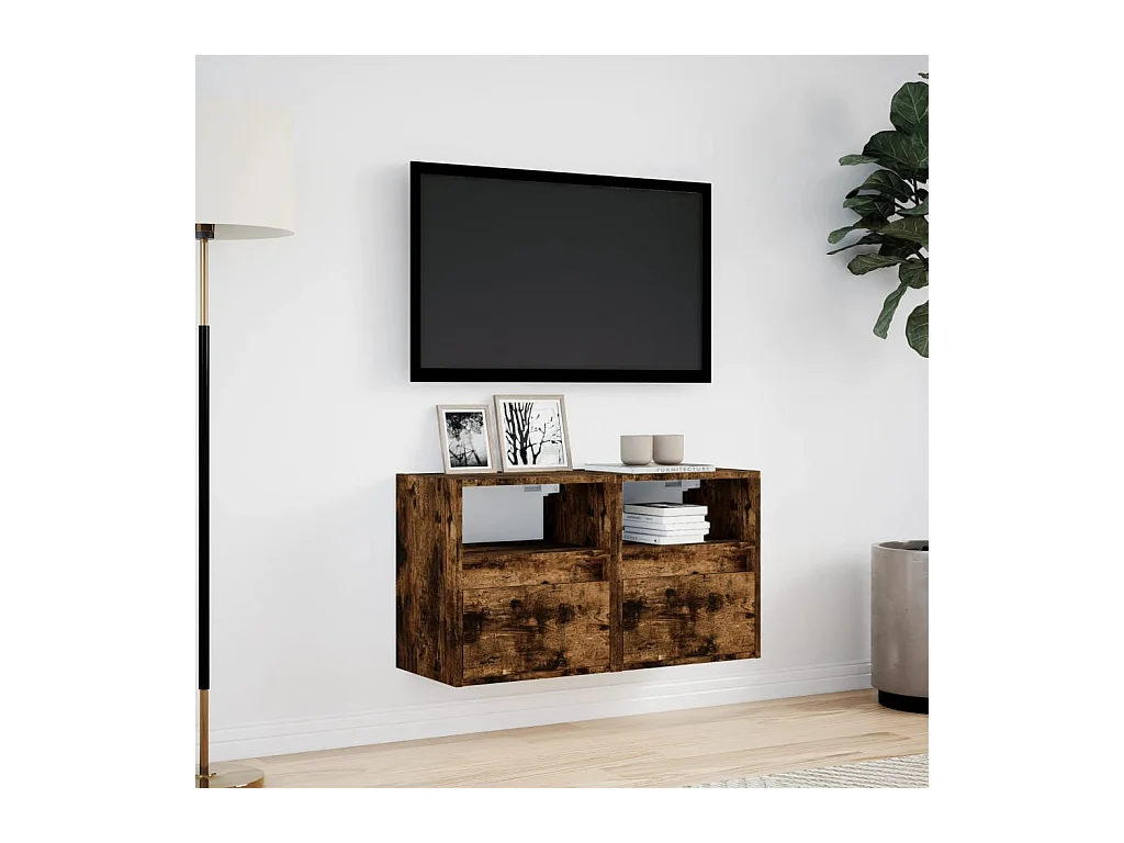 Muebles TV | Gabinetes de TV | Muebles de salón de pared luces LED 2 uds roble ahumado 41x31x45 cm