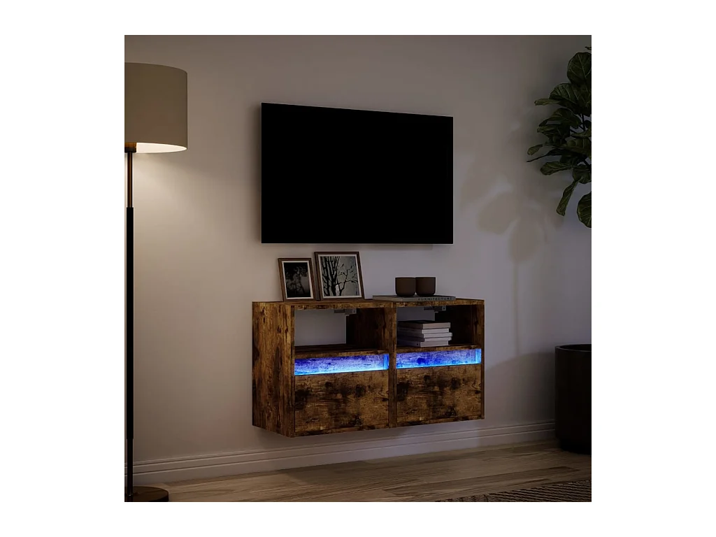 Muebles TV | Gabinetes de TV | Muebles de salón de pared luces LED 2 uds roble ahumado 41x31x45 cm