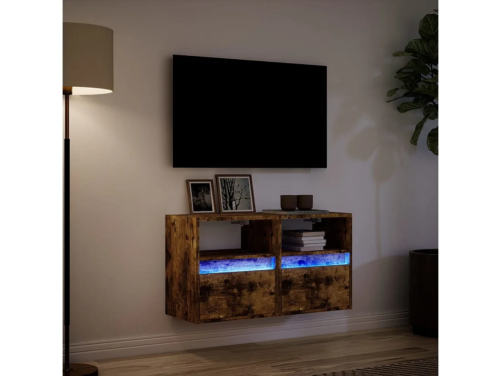 Muebles TV | Gabinetes de TV | Muebles de salón de pared luces LED 2 uds roble ahumado 41x31x45 cm