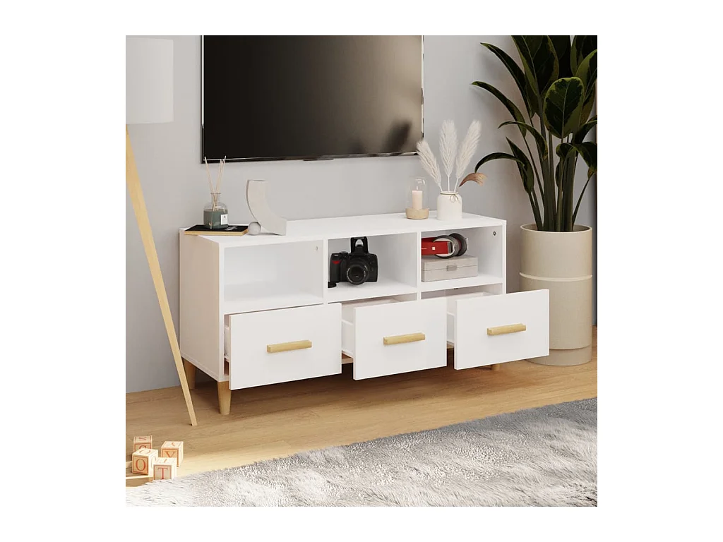 Mueble de TV | Mueble de salón madera contrachapada blanco brillo 102x36x50 cm