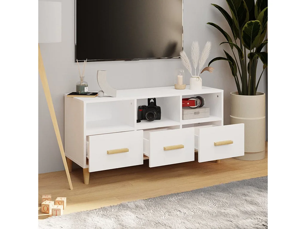 Mueble de TV | Mueble de salón madera contrachapada blanco brillo 102x36x50 cm