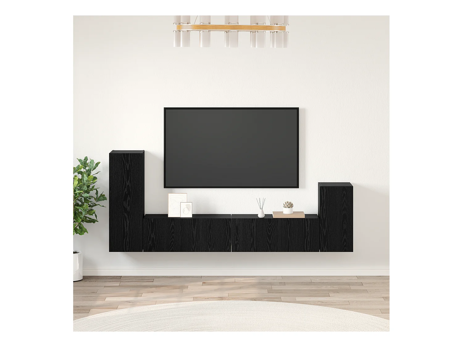 Meuble TV | Banc TV | Armoire TV mural avec étagère 4 pcs Chêne Noir Bois d'ingénierie