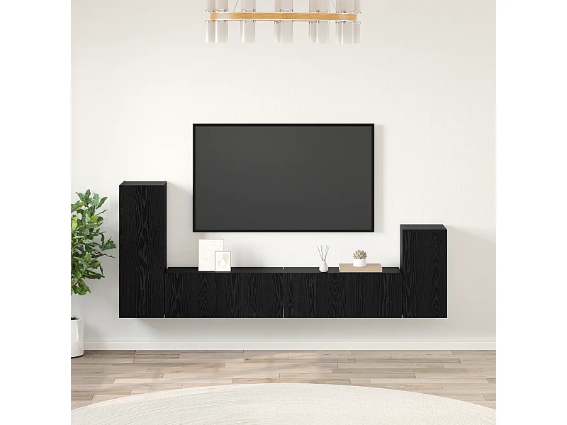 Wand TV kast | Tv-meubel | Tv-Bank met plank met opslag met de deur 4 pcs Zwart eiken Bewerkt hout