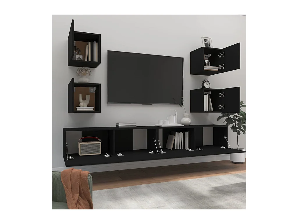 Set de muebles para TV  | Gabinetes de TV |  Muebles de salón 6 piezas madera contrachapada negro