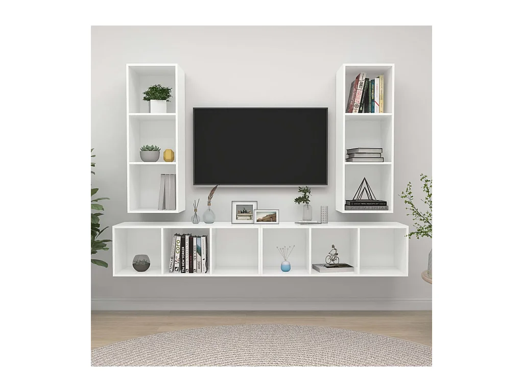 Muebles de salón | Gabinetes de TV |  Muebles de TV de pared 4 piezas madera de ingeniería blanco