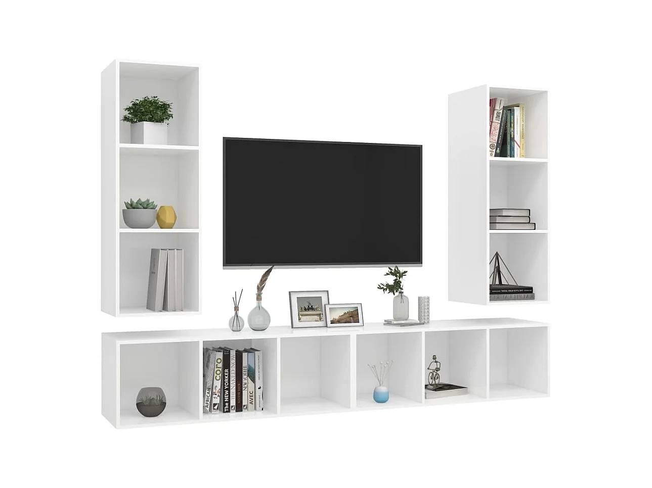 Muebles de salón | Gabinetes de TV |  Muebles de TV de pared 4 piezas madera de ingeniería blanco