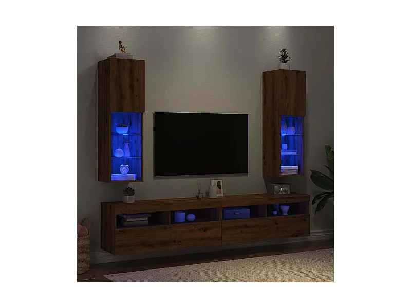 Muebles TV | Gabinetes de TV | Muebles de salón con luces LED 2 uds roble artesanal 30,5x30x102 cm