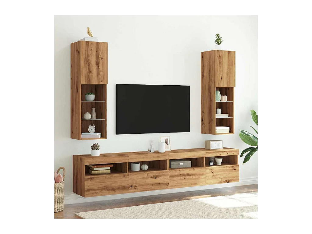 Muebles TV | Gabinetes de TV | Muebles de salón con luces LED 2 uds roble artesanal 30,5x30x102 cm