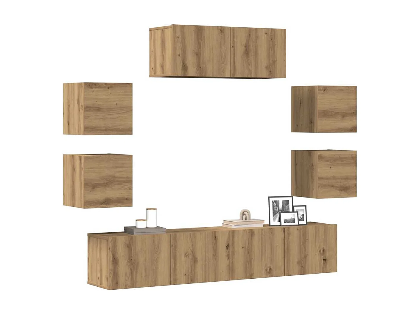 7-delig Tv-meubelset | Tv-Bank | TV-kast wandmontage bewerkt hout artisanaal eiken