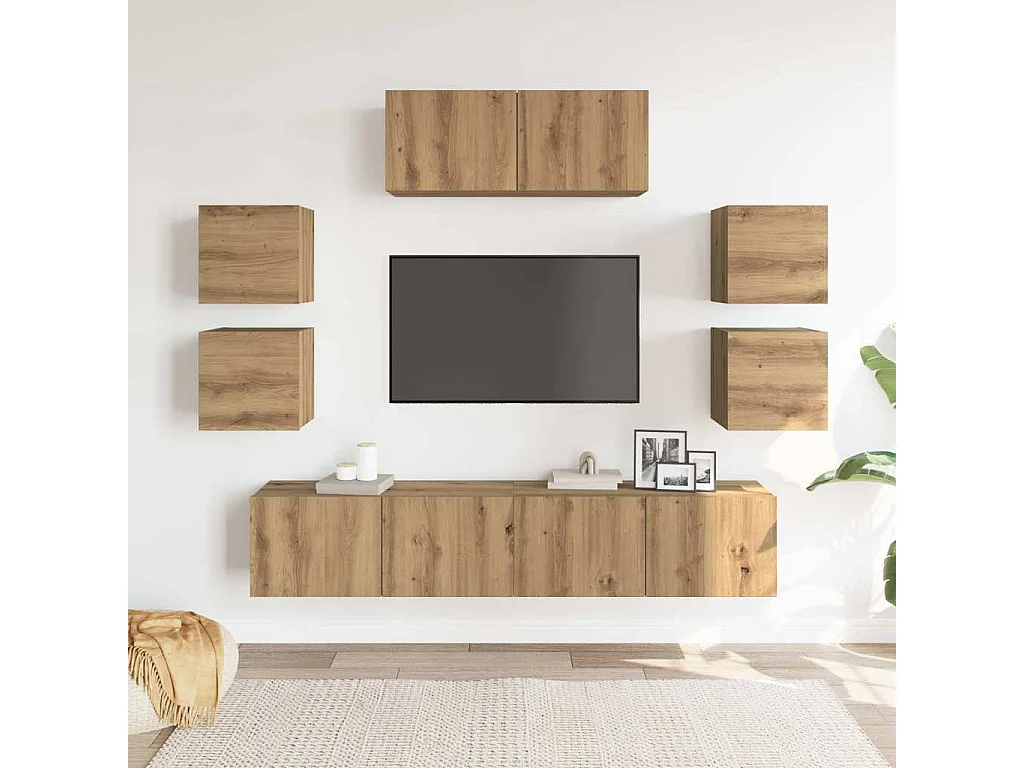 7-delig Tv-meubelset | Tv-Bank | TV-kast wandmontage bewerkt hout artisanaal eiken