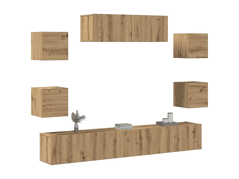 7-delig Tv-meubelset | Tv-Bank | TV-kast wandmontage bewerkt hout artisanaal eiken
