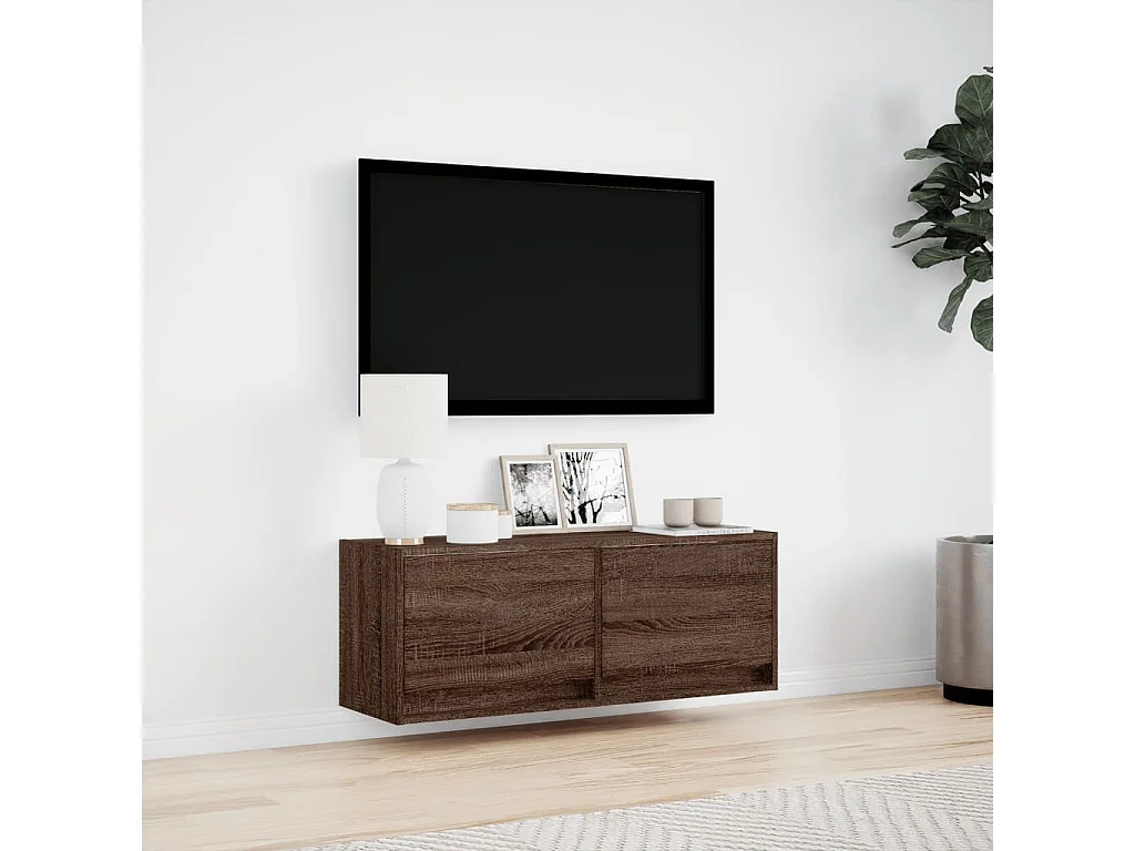 Mueble de TV | Mueble de salón de pared con luces LED marrón roble 100x31x35 cm
