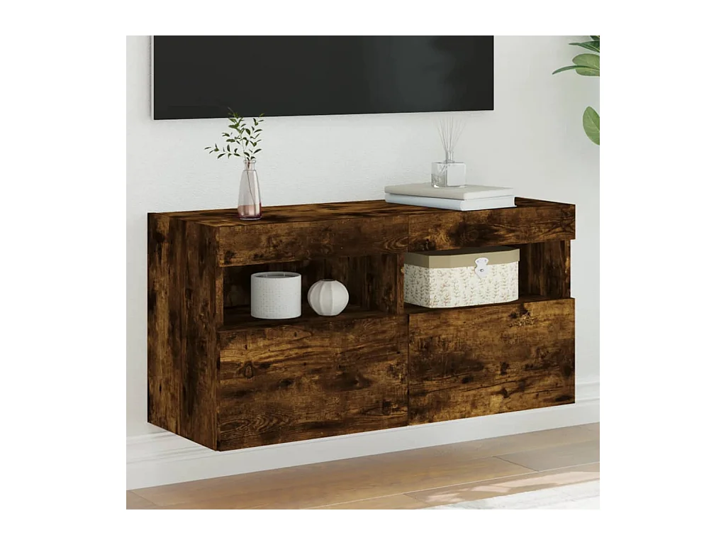 Meuble TV | Banc TV | Armoire TV mural avec lumières LED chêne fumé 80x30x40 cm