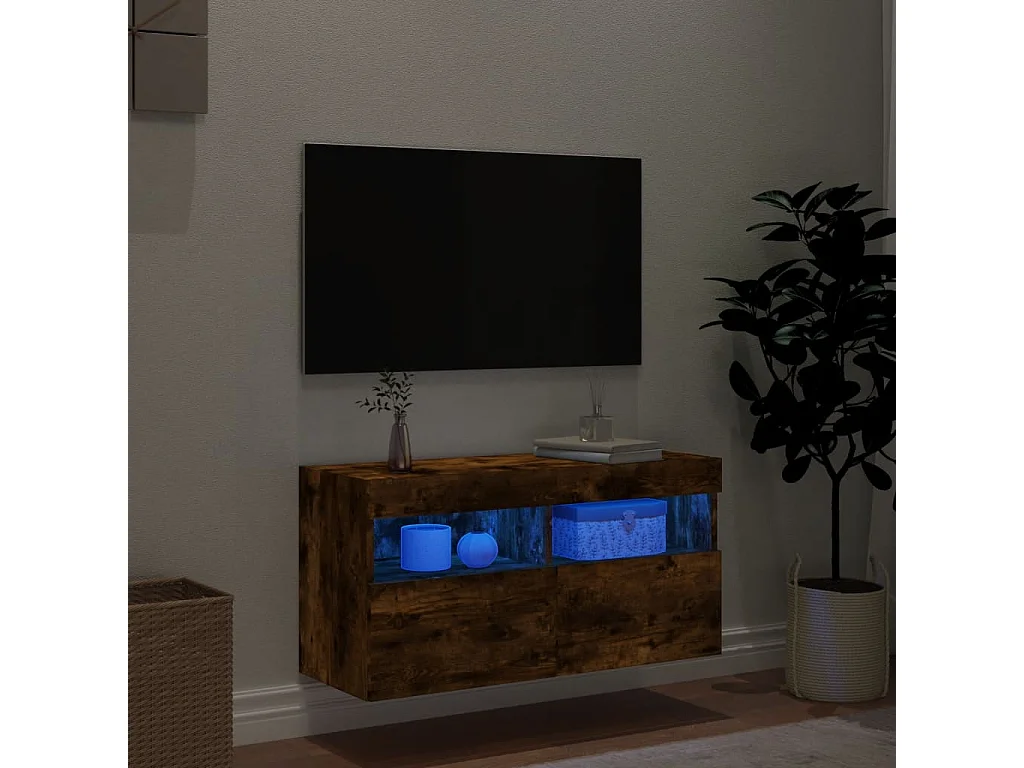 Mueble de TV | Mueble de salón de pared con luces LED roble ahumado 80x30x40 cm