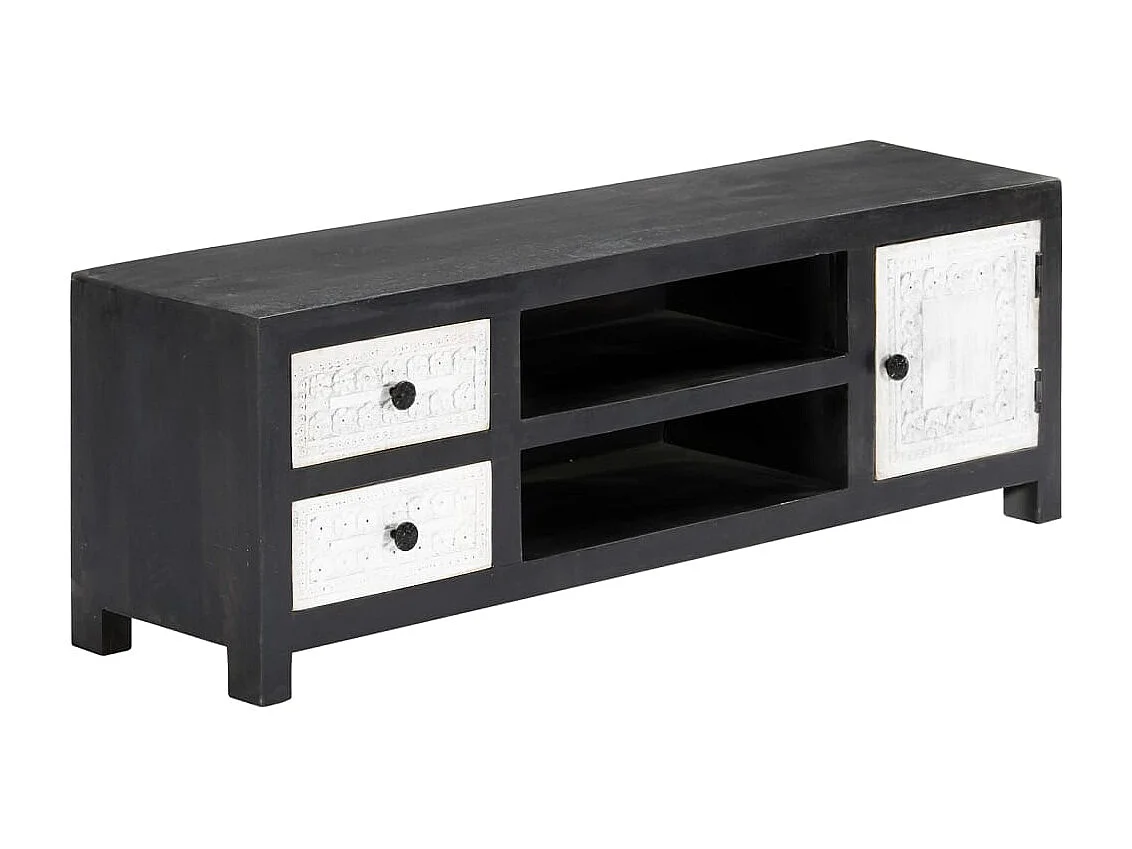 Meuble TV | Banc TV | Armoire TV sculpté à la main Gris et blanc 120x30x40 cm Manguier