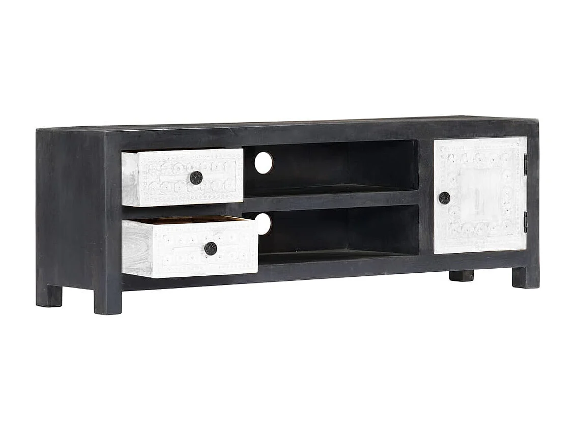 Meuble TV | Banc TV | Armoire TV sculpté à la main Gris et blanc 120x30x40 cm Manguier