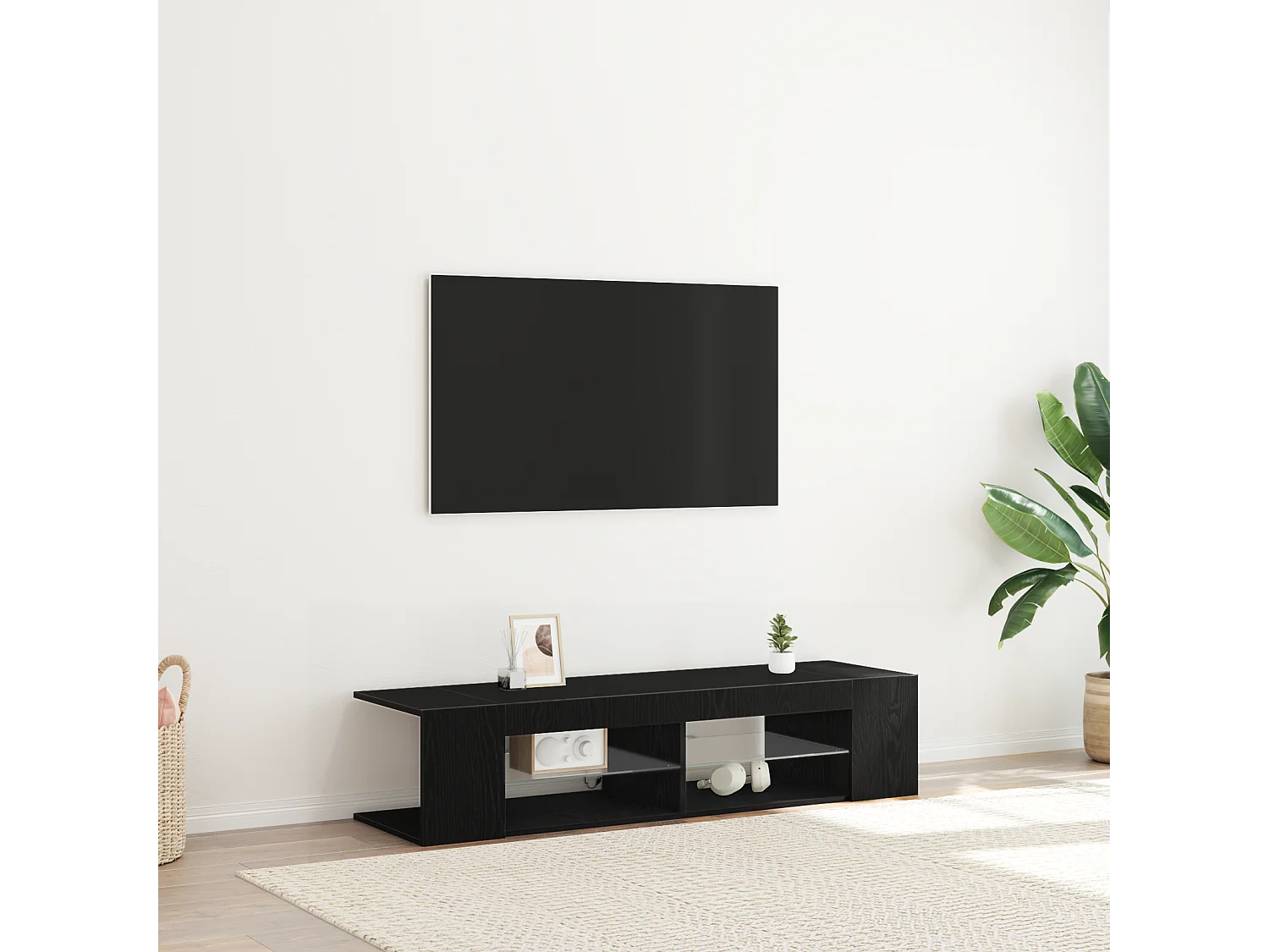 TV-kast | Tv-meubel | Tv-Bank met LED-verlichting - Zwart Eiken - 135x39x30cm - Bewerkt Hout